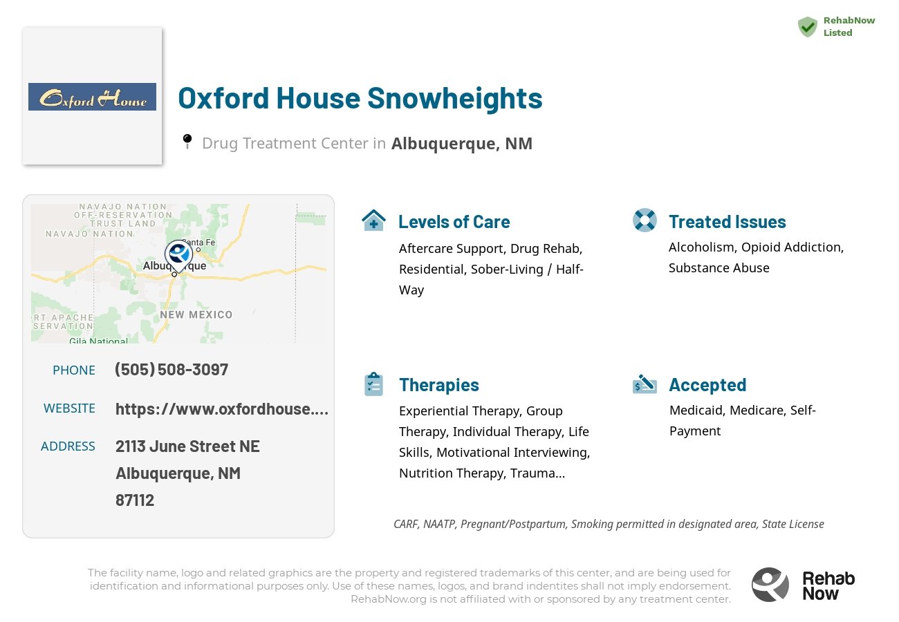 Helpful reference information for Oxford House Snowheights, a drug treatment center in New Mexico located at: 2113 2113 June Street NE, Albuquerque, NM 87112, including phone numbers, official website, and more. Listed briefly is an overview of Levels of Care, Therapies Offered, Issues Treated, and accepted forms of Payment Methods.