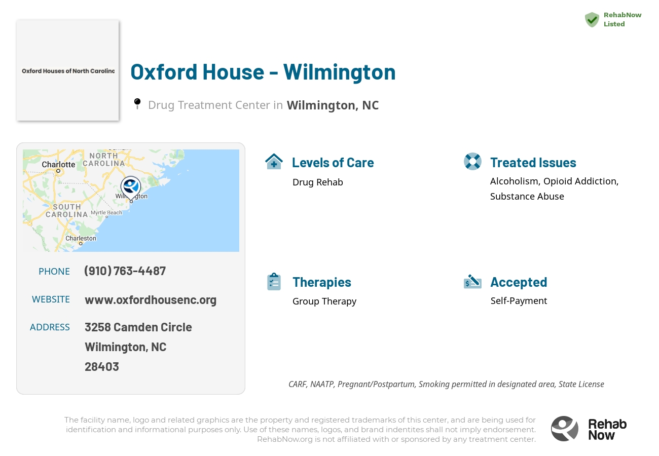 Helpful reference information for Oxford House - Wilmington, a drug treatment center in North Carolina located at: 3258 Camden Circle, Wilmington, NC, 28403, including phone numbers, official website, and more. Listed briefly is an overview of Levels of Care, Therapies Offered, Issues Treated, and accepted forms of Payment Methods.