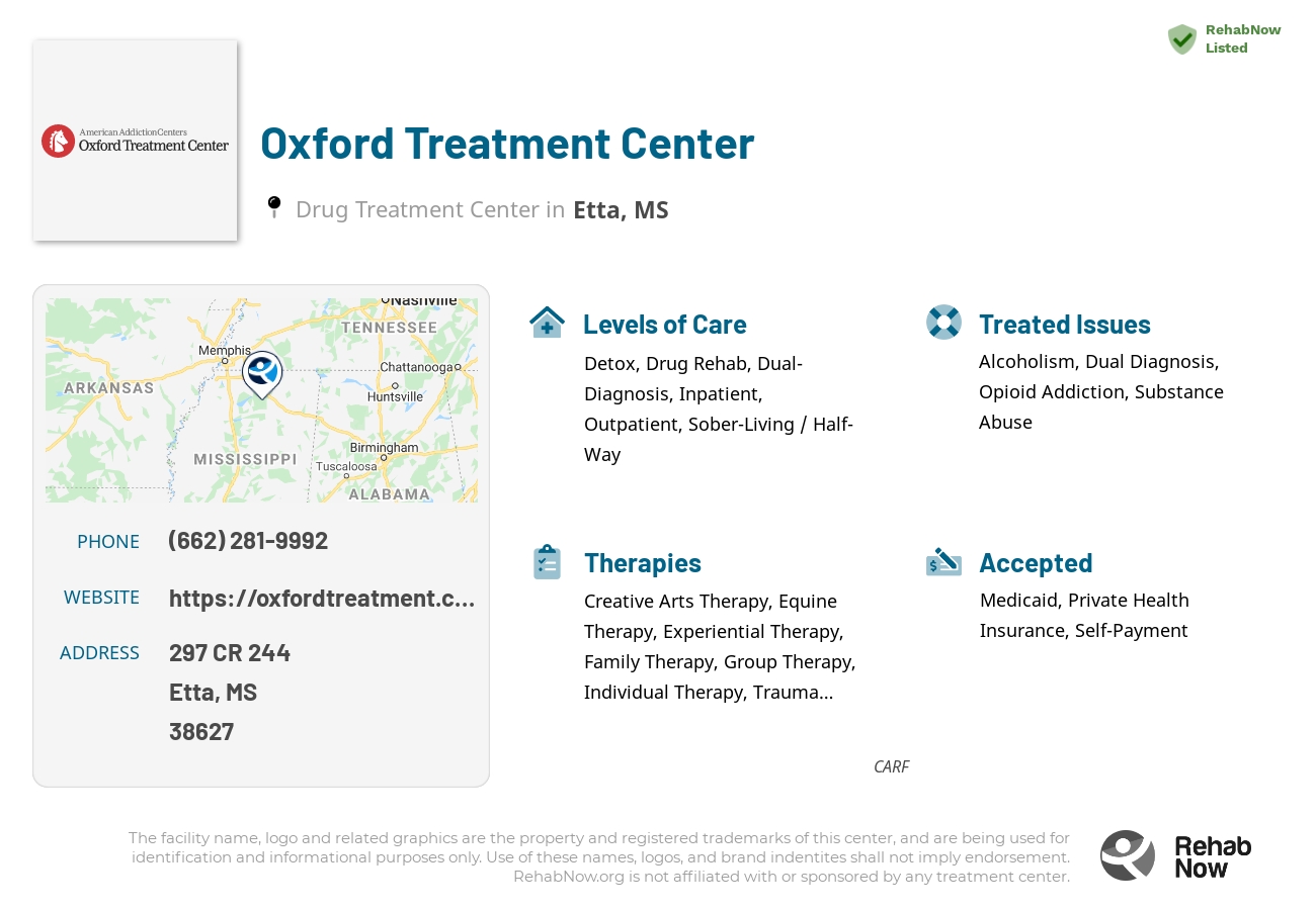 Helpful reference information for Oxford Treatment Center, a drug treatment center in Mississippi located at: 297 CR 244, Etta, MS, 38627, including phone numbers, official website, and more. Listed briefly is an overview of Levels of Care, Therapies Offered, Issues Treated, and accepted forms of Payment Methods.