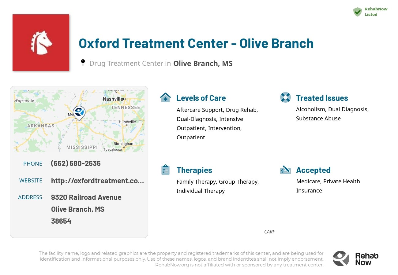 Helpful reference information for Oxford Treatment Center - Olive Branch, a drug treatment center in Mississippi located at: 9320 9320 Railroad Avenue, Olive Branch, MS 38654, including phone numbers, official website, and more. Listed briefly is an overview of Levels of Care, Therapies Offered, Issues Treated, and accepted forms of Payment Methods.