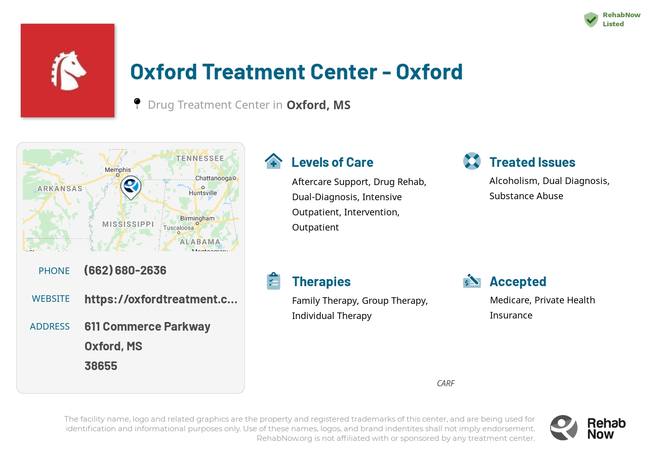 Helpful reference information for Oxford Treatment Center - Oxford, a drug treatment center in Mississippi located at: 611 Commerce Parkway, Oxford, MS 38655, including phone numbers, official website, and more. Listed briefly is an overview of Levels of Care, Therapies Offered, Issues Treated, and accepted forms of Payment Methods.