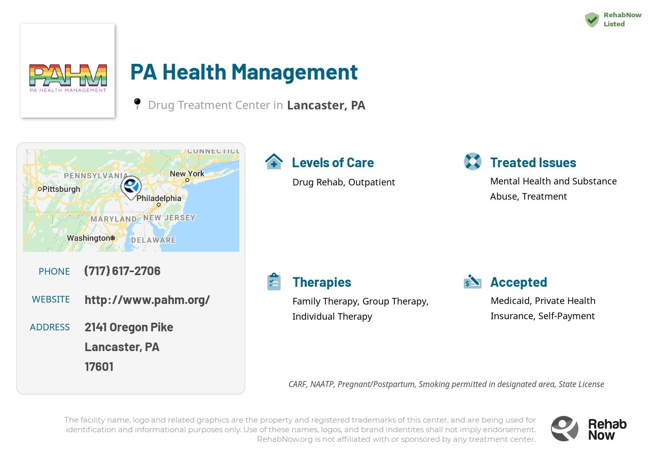 Helpful reference information for PA Health Management, a drug treatment center in Pennsylvania located at: 2141 Oregon Pike, Lancaster, PA 17601, including phone numbers, official website, and more. Listed briefly is an overview of Levels of Care, Therapies Offered, Issues Treated, and accepted forms of Payment Methods.