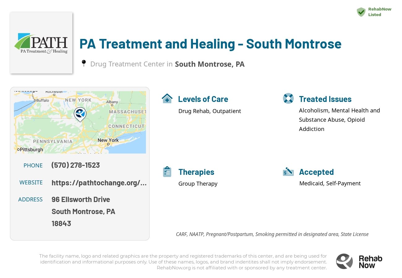 Helpful reference information for PA Treatment and Healing - South Montrose, a drug treatment center in Pennsylvania located at: 96 Ellsworth Drive, South Montrose, PA, 18843, including phone numbers, official website, and more. Listed briefly is an overview of Levels of Care, Therapies Offered, Issues Treated, and accepted forms of Payment Methods.