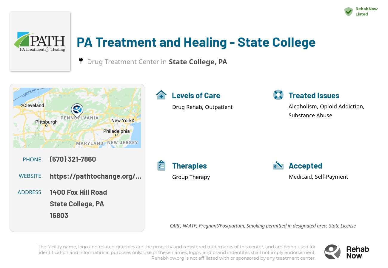 Helpful reference information for PA Treatment and Healing - State College, a drug treatment center in Pennsylvania located at: 1400 Fox Hill Road, State College, PA, 16803, including phone numbers, official website, and more. Listed briefly is an overview of Levels of Care, Therapies Offered, Issues Treated, and accepted forms of Payment Methods.