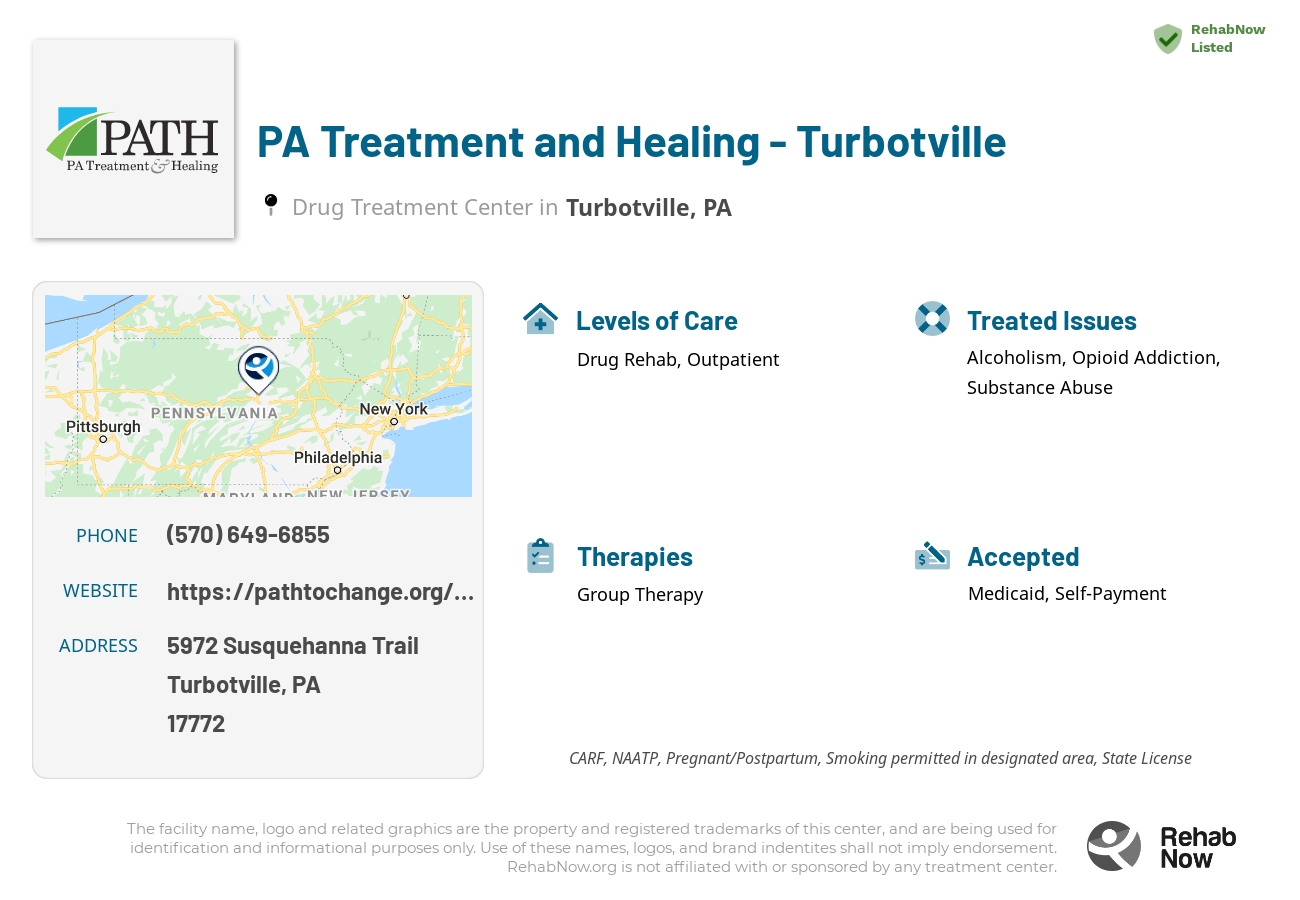 Helpful reference information for PA Treatment and Healing - Turbotville, a drug treatment center in Pennsylvania located at: 5972 Susquehanna Trail, Turbotville, PA, 17772, including phone numbers, official website, and more. Listed briefly is an overview of Levels of Care, Therapies Offered, Issues Treated, and accepted forms of Payment Methods.