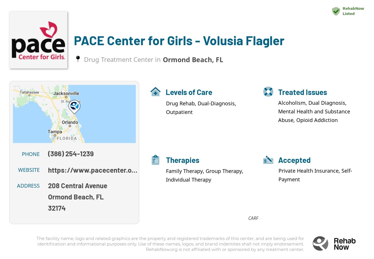 Helpful reference information for PACE Center for Girls - Volusia Flagler, a drug treatment center in Florida located at: 208 Central Avenue, Ormond Beach, FL, 32174, including phone numbers, official website, and more. Listed briefly is an overview of Levels of Care, Therapies Offered, Issues Treated, and accepted forms of Payment Methods.