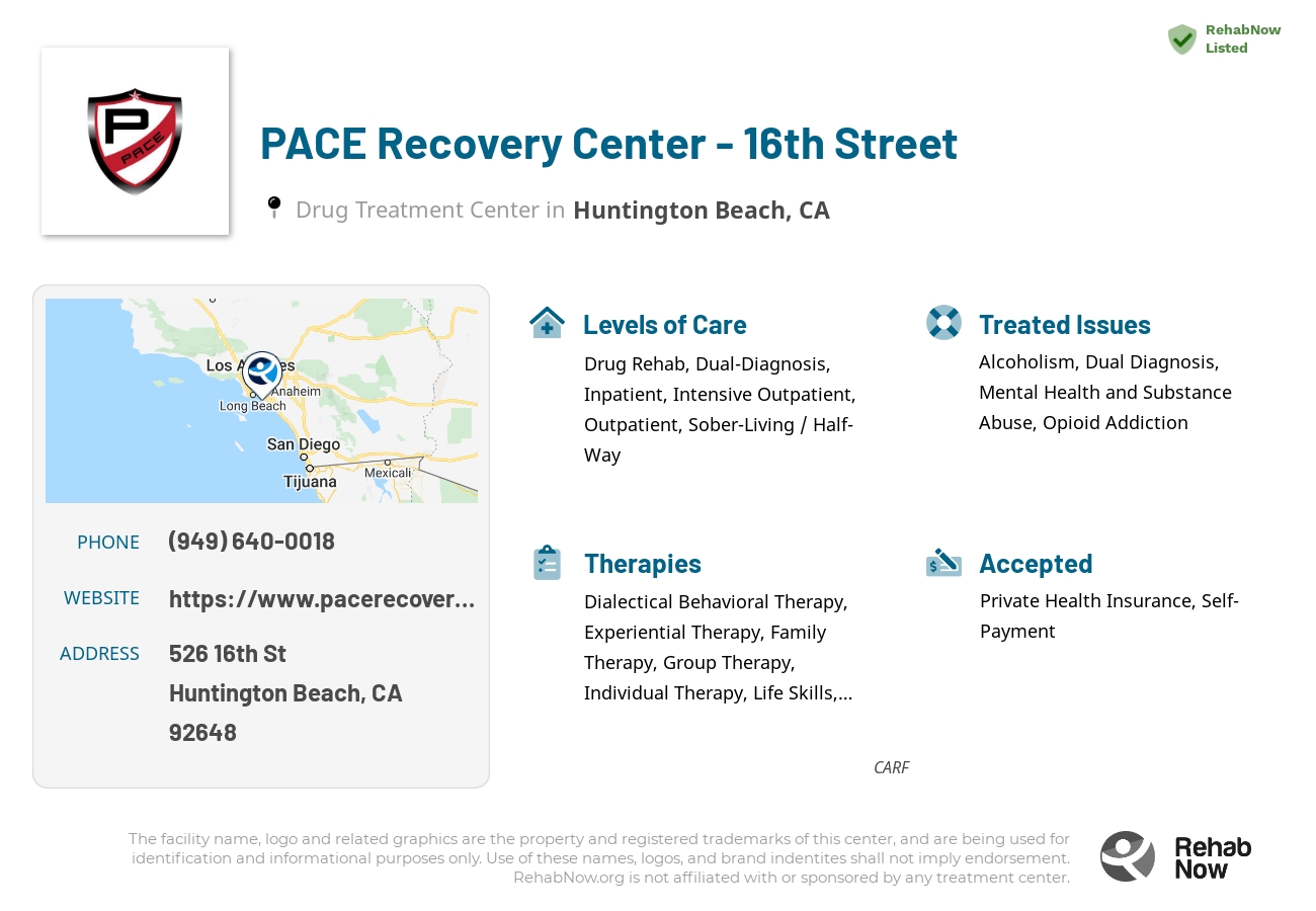Helpful reference information for PACE Recovery Center - 16th Street, a drug treatment center in California located at: 526 16th St, Huntington Beach, CA 92648, including phone numbers, official website, and more. Listed briefly is an overview of Levels of Care, Therapies Offered, Issues Treated, and accepted forms of Payment Methods.