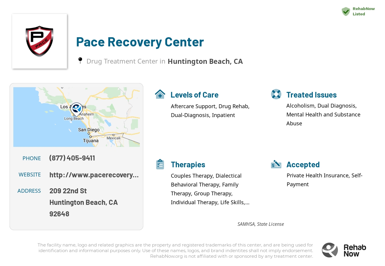 Helpful reference information for Pace Recovery Center, a drug treatment center in California located at: 209 22nd St, Huntington Beach, CA 92648, including phone numbers, official website, and more. Listed briefly is an overview of Levels of Care, Therapies Offered, Issues Treated, and accepted forms of Payment Methods.