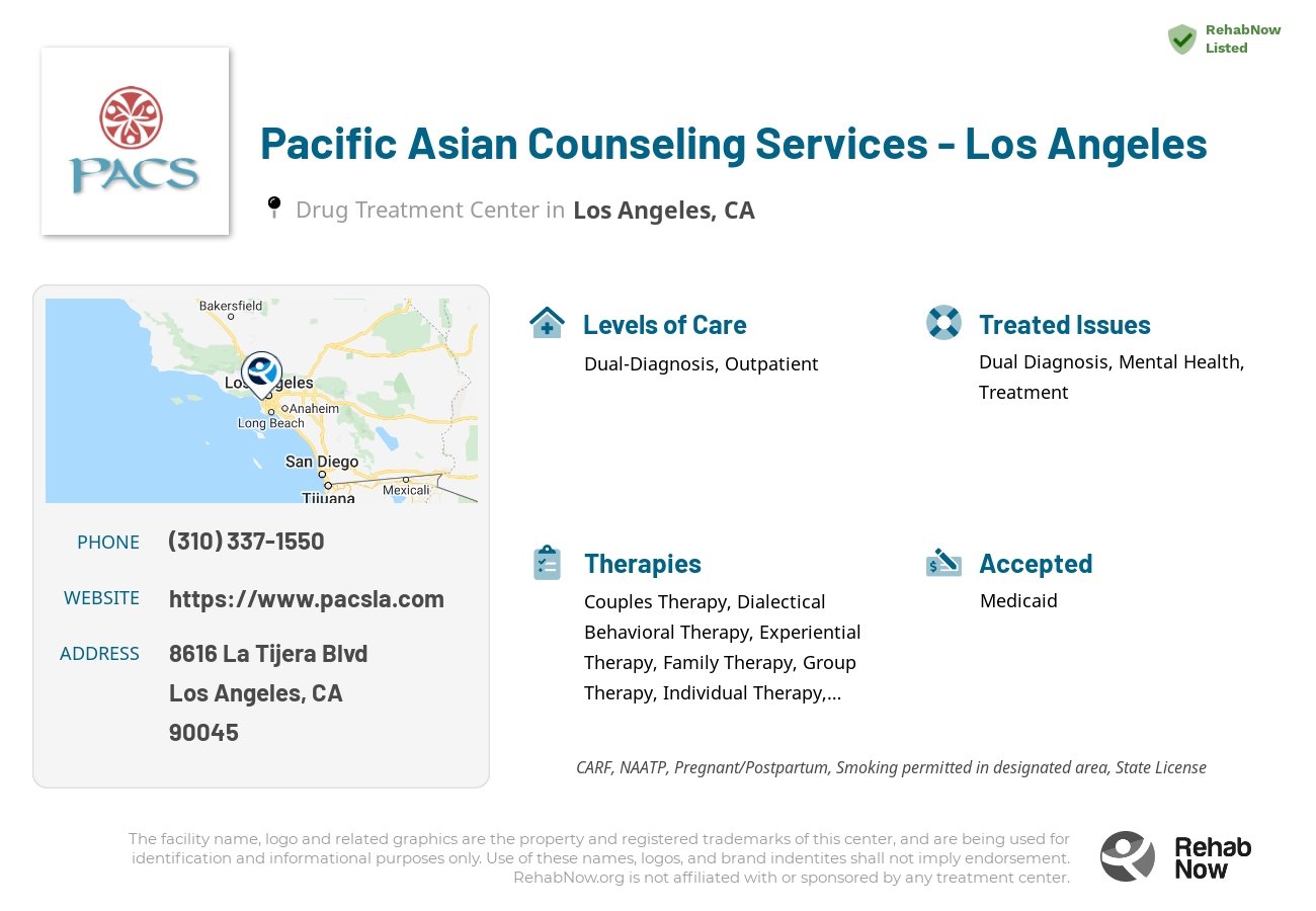 Helpful reference information for Pacific Asian Counseling Services - Los Angeles, a drug treatment center in California located at: 8616 La Tijera Blvd, Los Angeles, CA 90045, including phone numbers, official website, and more. Listed briefly is an overview of Levels of Care, Therapies Offered, Issues Treated, and accepted forms of Payment Methods.