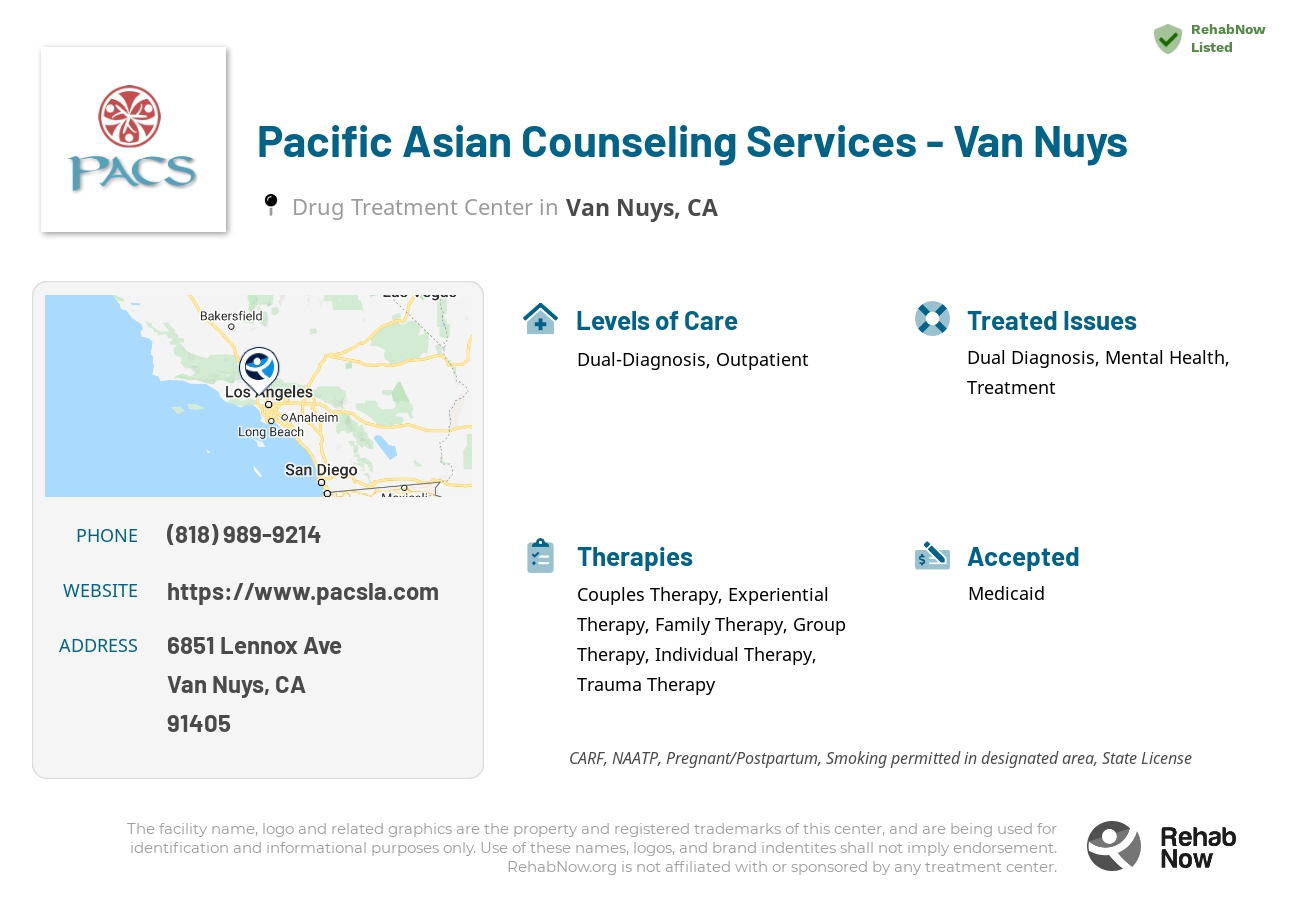 Helpful reference information for Pacific Asian Counseling Services - Van Nuys, a drug treatment center in California located at: 6851 Lennox Ave, Van Nuys, CA 91405, including phone numbers, official website, and more. Listed briefly is an overview of Levels of Care, Therapies Offered, Issues Treated, and accepted forms of Payment Methods.