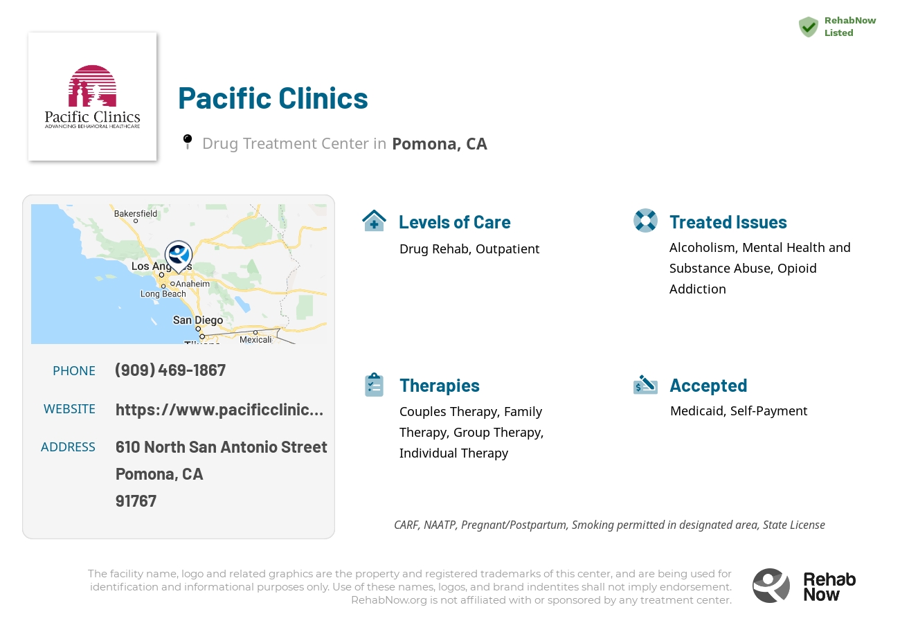 Helpful reference information for Pacific Clinics, a drug treatment center in California located at: 610 North San Antonio Street, Pomona, CA, 91767, including phone numbers, official website, and more. Listed briefly is an overview of Levels of Care, Therapies Offered, Issues Treated, and accepted forms of Payment Methods.