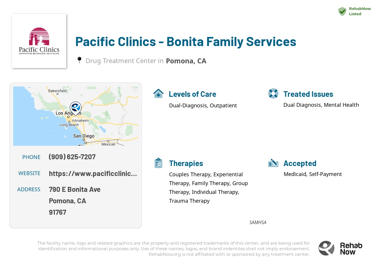 Helpful reference information for Pacific Clinics - Bonita Family Services, a drug treatment center in California located at: 790 E Bonita Ave, Pomona, CA 91767, including phone numbers, official website, and more. Listed briefly is an overview of Levels of Care, Therapies Offered, Issues Treated, and accepted forms of Payment Methods.