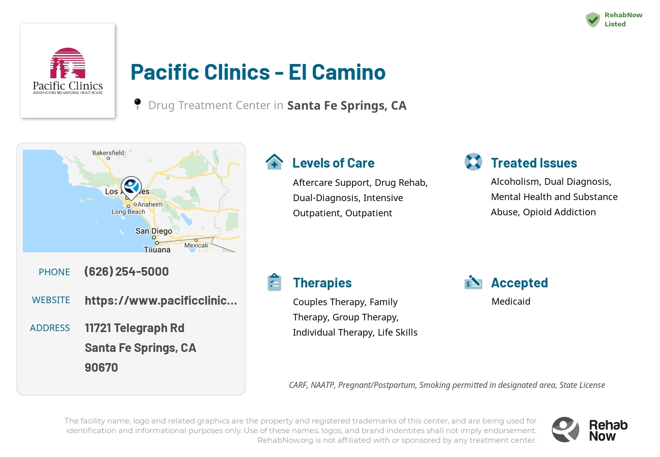 Helpful reference information for Pacific Clinics - El Camino, a drug treatment center in California located at: 11721 Telegraph Rd, Santa Fe Springs, CA 90670, including phone numbers, official website, and more. Listed briefly is an overview of Levels of Care, Therapies Offered, Issues Treated, and accepted forms of Payment Methods.