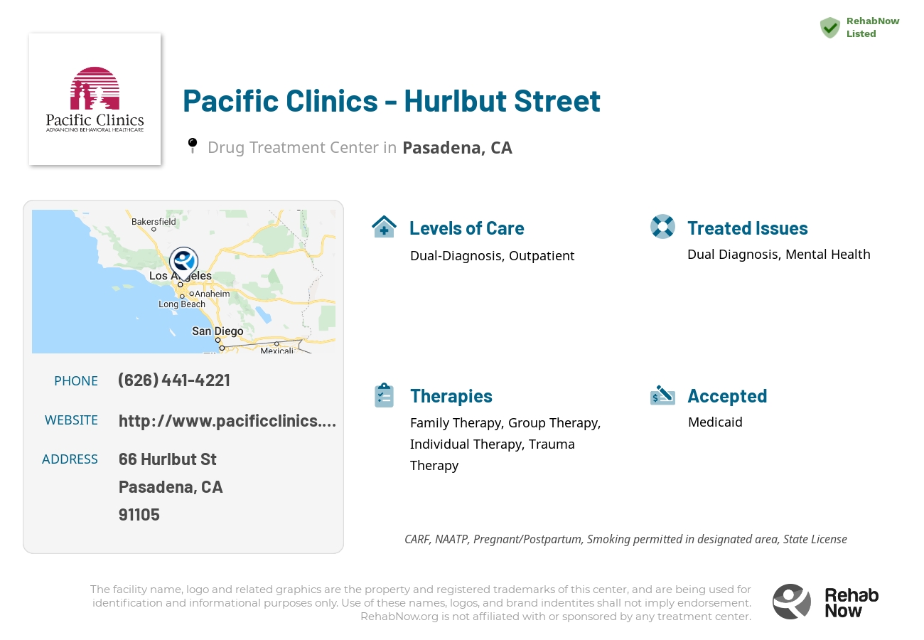 Helpful reference information for Pacific Clinics - Hurlbut Street, a drug treatment center in California located at: 66 Hurlbut St, Pasadena, CA 91105, including phone numbers, official website, and more. Listed briefly is an overview of Levels of Care, Therapies Offered, Issues Treated, and accepted forms of Payment Methods.