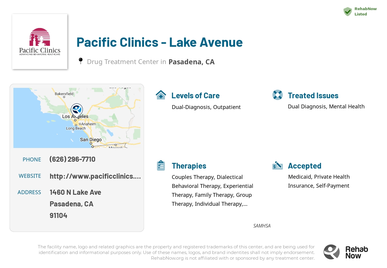 Helpful reference information for Pacific Clinics - Lake Avenue, a drug treatment center in California located at: 1460 N Lake Ave, Pasadena, CA 91104, including phone numbers, official website, and more. Listed briefly is an overview of Levels of Care, Therapies Offered, Issues Treated, and accepted forms of Payment Methods.