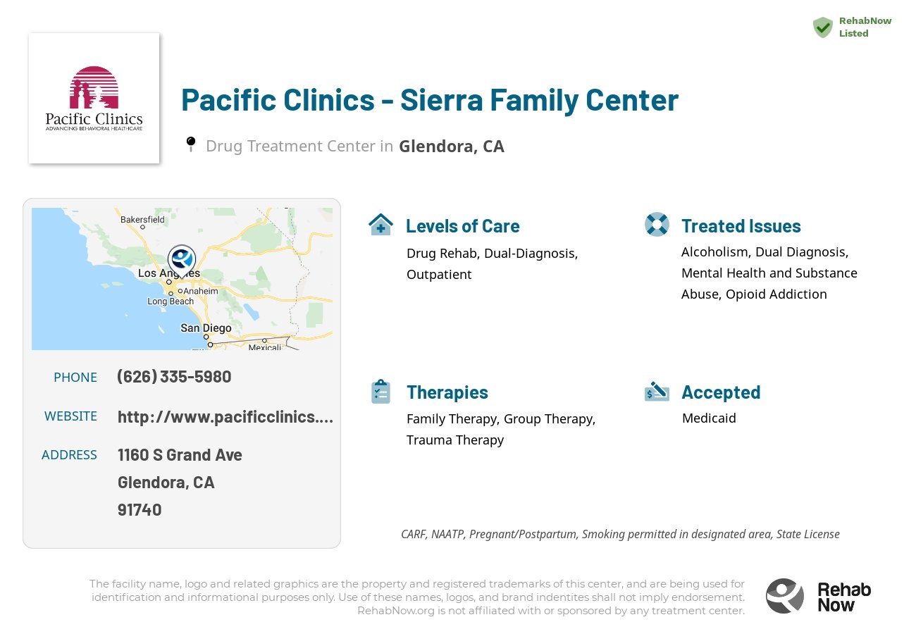 Helpful reference information for Pacific Clinics - Sierra Family Center, a drug treatment center in California located at: 1160 S Grand Ave, Glendora, CA 91740, including phone numbers, official website, and more. Listed briefly is an overview of Levels of Care, Therapies Offered, Issues Treated, and accepted forms of Payment Methods.