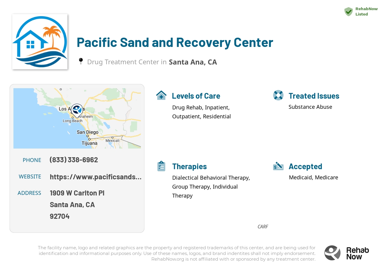 Helpful reference information for Pacific Sand and Recovery Center, a drug treatment center in California located at: 1909 W Carlton Pl,  CA, Santa Ana, CA, 92704, including phone numbers, official website, and more. Listed briefly is an overview of Levels of Care, Therapies Offered, Issues Treated, and accepted forms of Payment Methods.