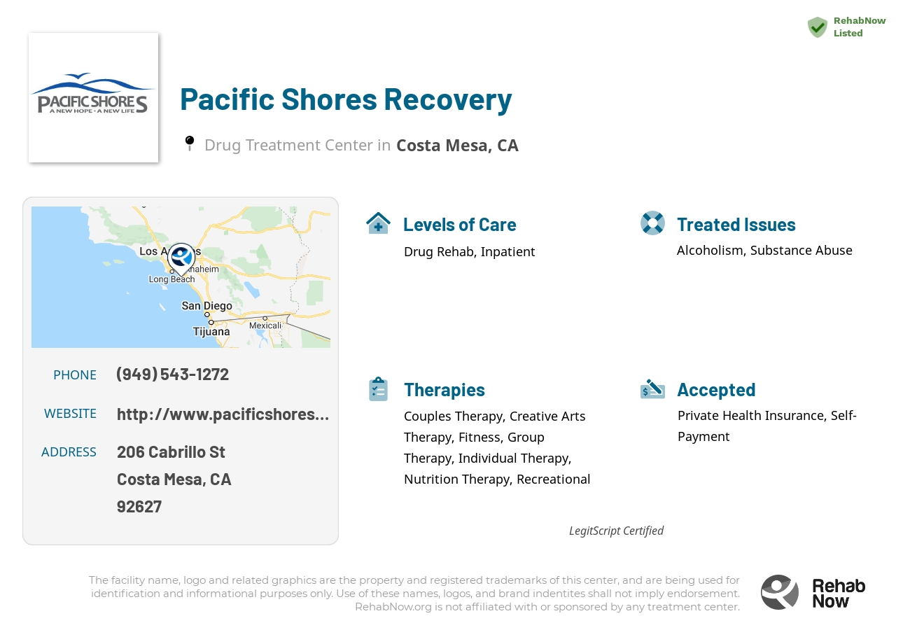 Helpful reference information for Pacific Shores Recovery, a drug treatment center in California located at: 206 Cabrillo St, Costa Mesa, CA 92627, including phone numbers, official website, and more. Listed briefly is an overview of Levels of Care, Therapies Offered, Issues Treated, and accepted forms of Payment Methods.