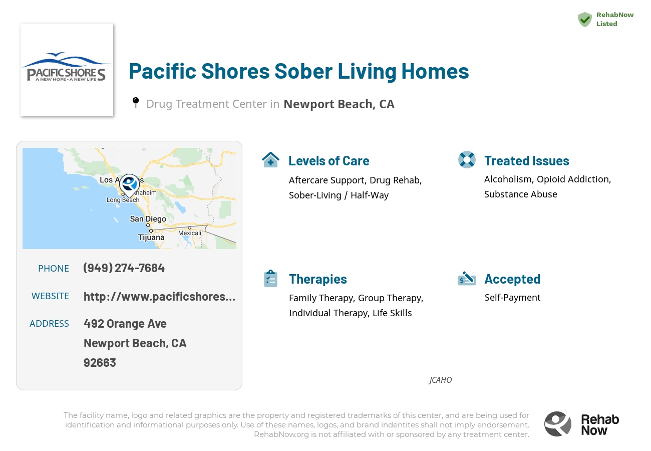 Helpful reference information for Pacific Shores Sober Living Homes, a drug treatment center in California located at: 492 Orange Ave, Newport Beach, CA 92663, including phone numbers, official website, and more. Listed briefly is an overview of Levels of Care, Therapies Offered, Issues Treated, and accepted forms of Payment Methods.