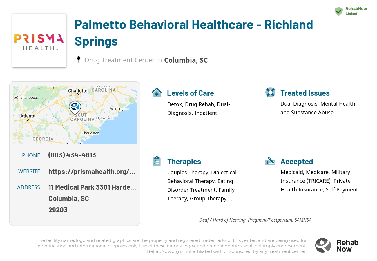 Helpful reference information for Palmetto Behavioral Healthcare - Richland Springs, a drug treatment center in South Carolina located at: 11 Medical Park 3301 Harden Street, Columbia, SC 29203, including phone numbers, official website, and more. Listed briefly is an overview of Levels of Care, Therapies Offered, Issues Treated, and accepted forms of Payment Methods.