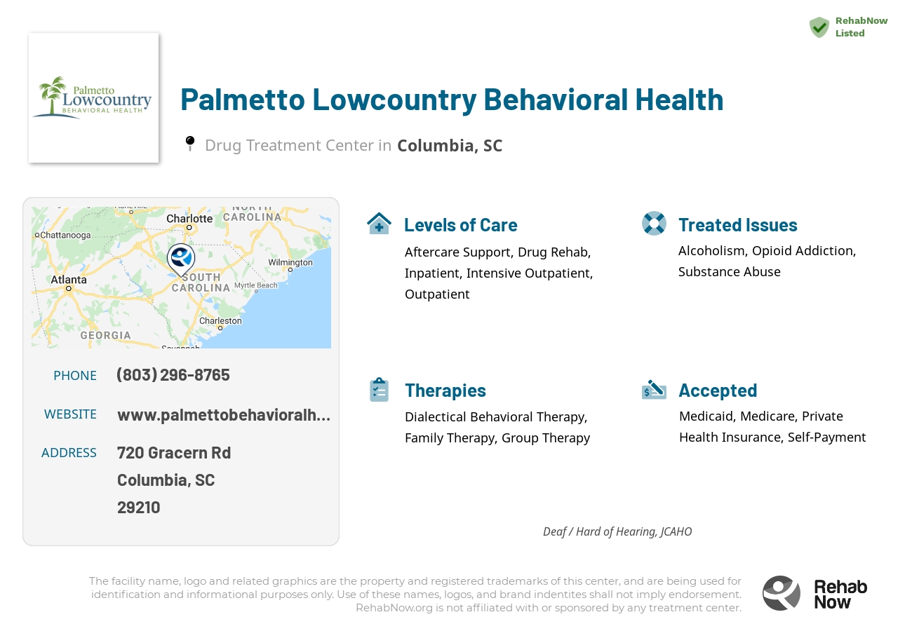 Helpful reference information for Palmetto Lowcountry Behavioral Health, a drug treatment center in South Carolina located at: 720 720 Gracern Rd, Columbia, SC 29210, including phone numbers, official website, and more. Listed briefly is an overview of Levels of Care, Therapies Offered, Issues Treated, and accepted forms of Payment Methods.