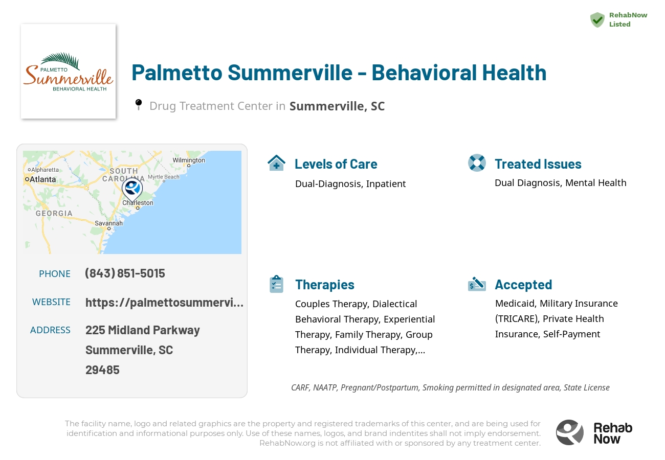 Helpful reference information for Palmetto Summerville - Behavioral Health, a drug treatment center in South Carolina located at: 225 225 Midland Parkway, Summerville, SC 29485, including phone numbers, official website, and more. Listed briefly is an overview of Levels of Care, Therapies Offered, Issues Treated, and accepted forms of Payment Methods.