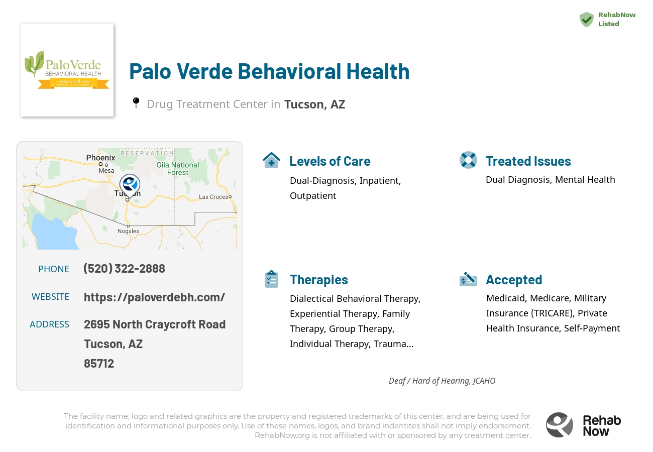 Helpful reference information for Palo Verde Behavioral Health, a drug treatment center in Arizona located at: 2695 2695 North Craycroft Road, Tucson, AZ 85712, including phone numbers, official website, and more. Listed briefly is an overview of Levels of Care, Therapies Offered, Issues Treated, and accepted forms of Payment Methods.