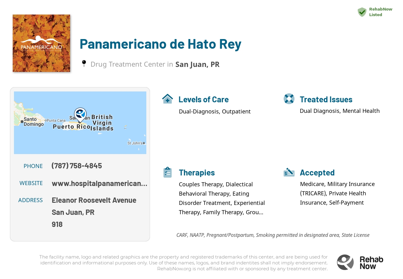 Helpful reference information for Panamericano de Hato Rey, a drug treatment center in Puerto Rico located at: Eleanor Roosevelt Avenue, San Juan, PR, 00918, including phone numbers, official website, and more. Listed briefly is an overview of Levels of Care, Therapies Offered, Issues Treated, and accepted forms of Payment Methods.