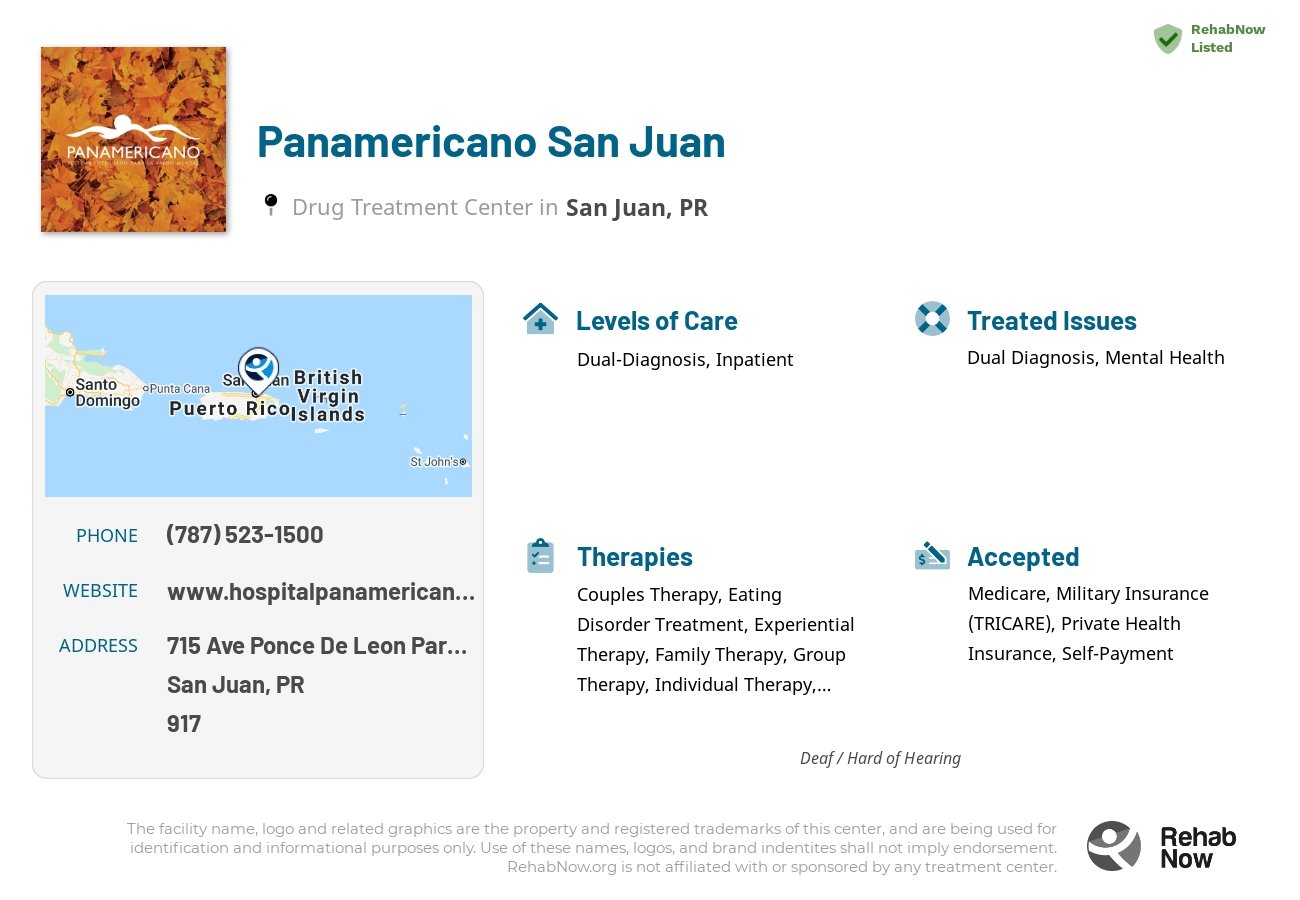 Helpful reference information for Panamericano San Juan, a drug treatment center in Puerto Rico located at: 715 Ave Ponce De Leon Parada 37.5, San Juan, PR, 00917, including phone numbers, official website, and more. Listed briefly is an overview of Levels of Care, Therapies Offered, Issues Treated, and accepted forms of Payment Methods.