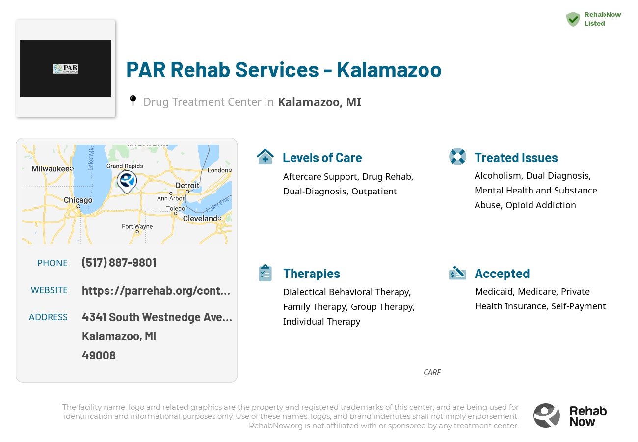 Helpful reference information for PAR Rehab Services - Kalamazoo, a drug treatment center in Michigan located at: 4341 South Westnedge Avenue, Kalamazoo, MI, 49008, including phone numbers, official website, and more. Listed briefly is an overview of Levels of Care, Therapies Offered, Issues Treated, and accepted forms of Payment Methods.