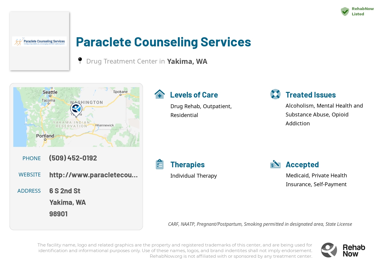Helpful reference information for Paraclete Counseling Services, a drug treatment center in Washington located at: 6 S 2nd St, Yakima, WA 98901, including phone numbers, official website, and more. Listed briefly is an overview of Levels of Care, Therapies Offered, Issues Treated, and accepted forms of Payment Methods.