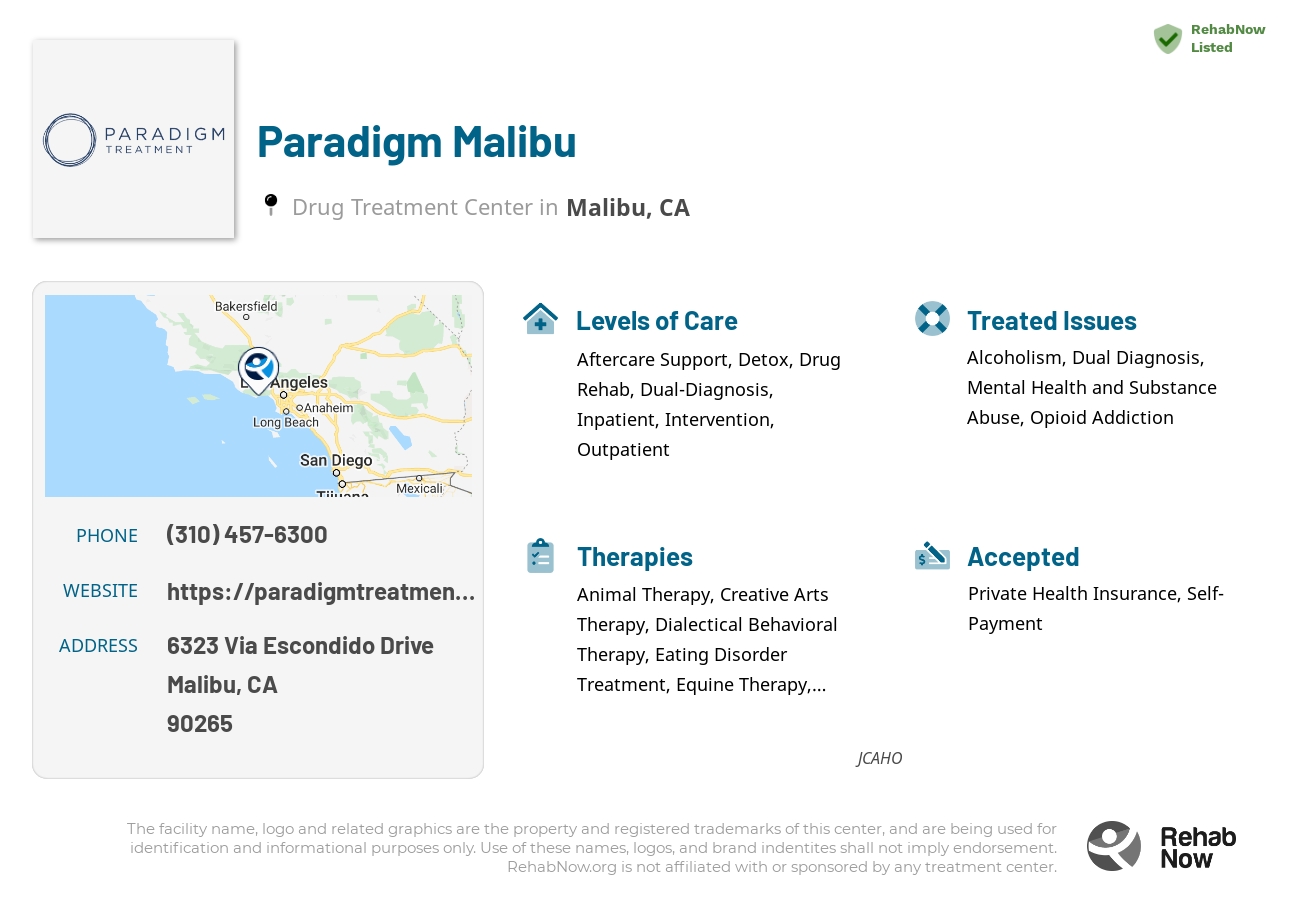 Helpful reference information for Paradigm Malibu, a drug treatment center in California located at: 6323 Via Escondido Drive, Malibu, CA, 90265, including phone numbers, official website, and more. Listed briefly is an overview of Levels of Care, Therapies Offered, Issues Treated, and accepted forms of Payment Methods.