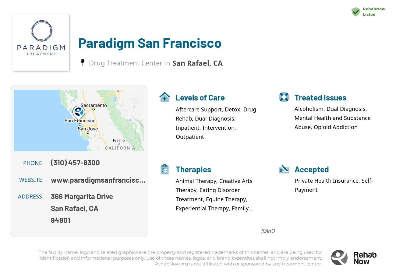 Helpful reference information for Paradigm San Francisco, a drug treatment center in California located at: 366 Margarita Drive, San Rafael, CA, 94901, including phone numbers, official website, and more. Listed briefly is an overview of Levels of Care, Therapies Offered, Issues Treated, and accepted forms of Payment Methods.