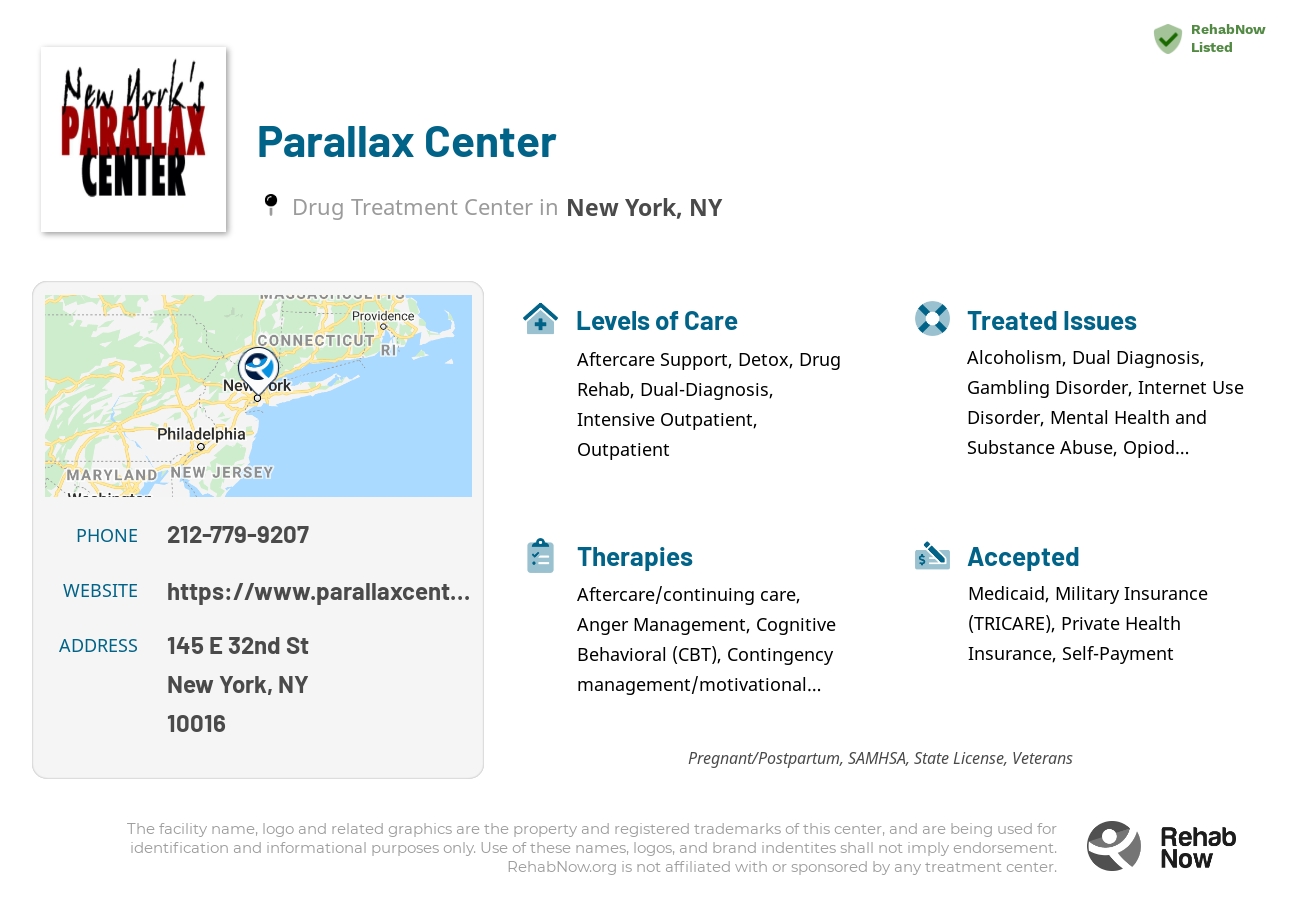 Helpful reference information for Parallax Center, a drug treatment center in New York located at: 145 E 32nd St, New York, NY 10016, including phone numbers, official website, and more. Listed briefly is an overview of Levels of Care, Therapies Offered, Issues Treated, and accepted forms of Payment Methods.