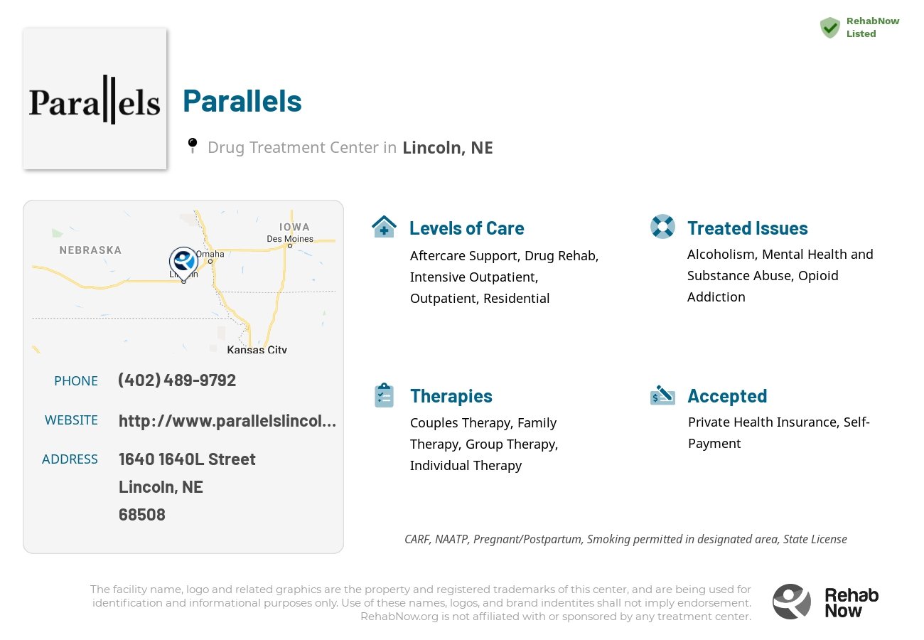Helpful reference information for Parallels, a drug treatment center in Nebraska located at: 1640 1640L Street, Lincoln, NE 68508, including phone numbers, official website, and more. Listed briefly is an overview of Levels of Care, Therapies Offered, Issues Treated, and accepted forms of Payment Methods.