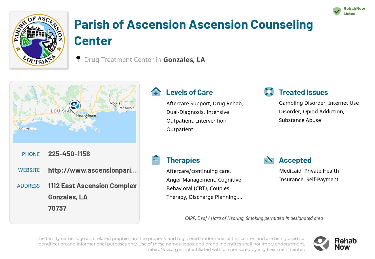 Helpful reference information for Parish of Ascension Ascension Counseling Center, a drug treatment center in Louisiana located at: 1112 East Ascension Complex, Gonzales, LA 70737, including phone numbers, official website, and more. Listed briefly is an overview of Levels of Care, Therapies Offered, Issues Treated, and accepted forms of Payment Methods.