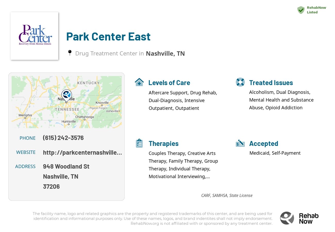Helpful reference information for Park Center East, a drug treatment center in Tennessee located at: 948 Woodland St, Nashville, TN 37206, including phone numbers, official website, and more. Listed briefly is an overview of Levels of Care, Therapies Offered, Issues Treated, and accepted forms of Payment Methods.