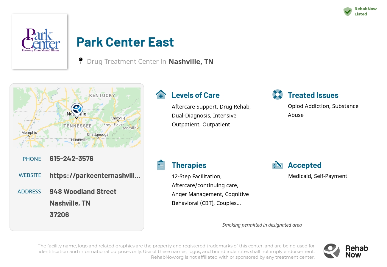 Helpful reference information for Park Center East, a drug treatment center in Tennessee located at: 948 Woodland Street, Nashville, TN 37206, including phone numbers, official website, and more. Listed briefly is an overview of Levels of Care, Therapies Offered, Issues Treated, and accepted forms of Payment Methods.