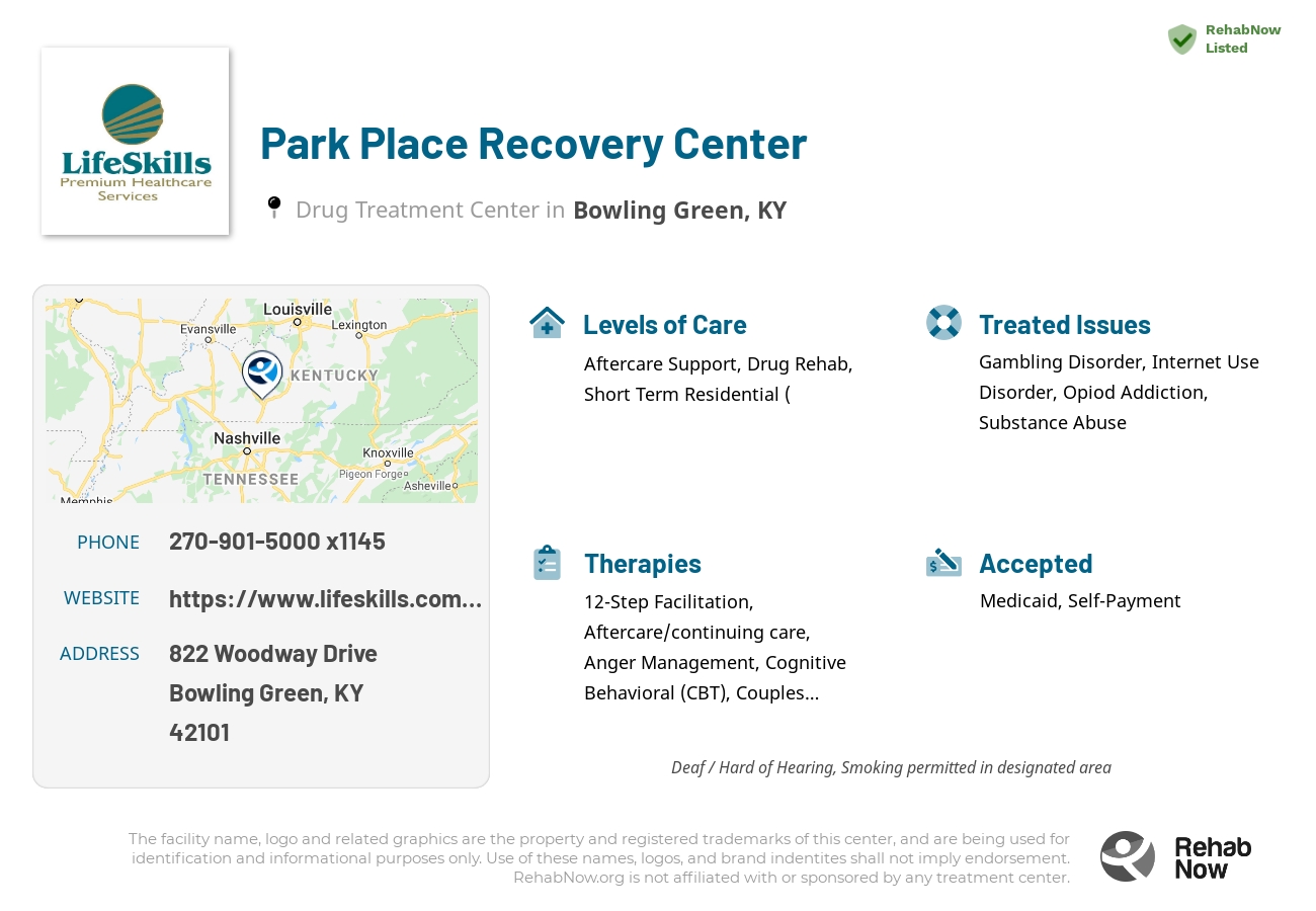 Helpful reference information for Park Place Recovery Center, a drug treatment center in Kentucky located at: 822 Woodway Drive, Bowling Green, KY 42101, including phone numbers, official website, and more. Listed briefly is an overview of Levels of Care, Therapies Offered, Issues Treated, and accepted forms of Payment Methods.