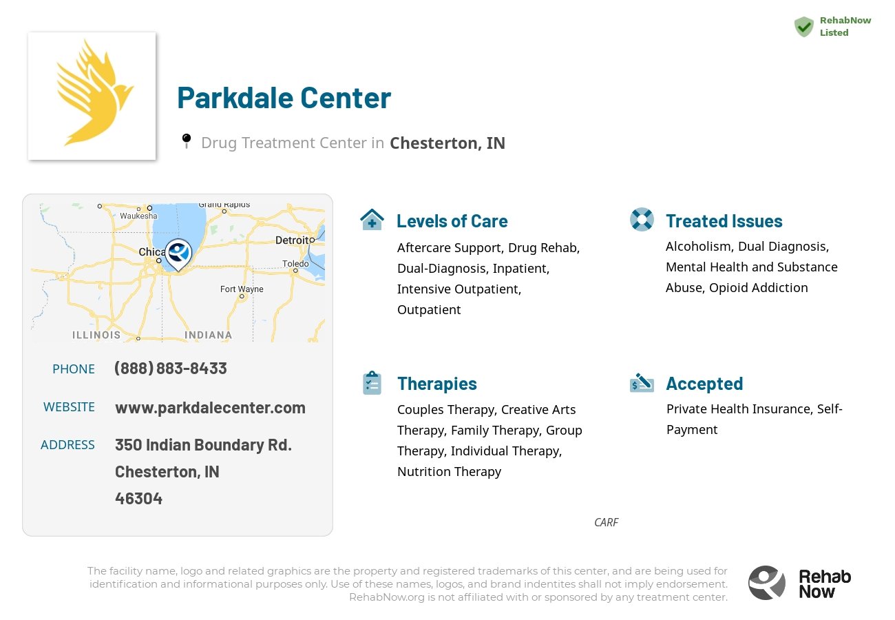 Helpful reference information for Parkdale Center, a drug treatment center in Indiana located at: 350 Indian Boundary Rd., Chesterton, IN, 46304, including phone numbers, official website, and more. Listed briefly is an overview of Levels of Care, Therapies Offered, Issues Treated, and accepted forms of Payment Methods.
