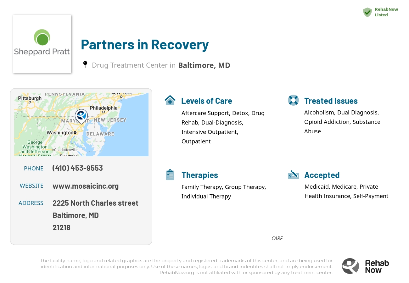 Helpful reference information for Partners in Recovery, a drug treatment center in Maryland located at: 2225 North Charles street, Baltimore, MD, 21218, including phone numbers, official website, and more. Listed briefly is an overview of Levels of Care, Therapies Offered, Issues Treated, and accepted forms of Payment Methods.