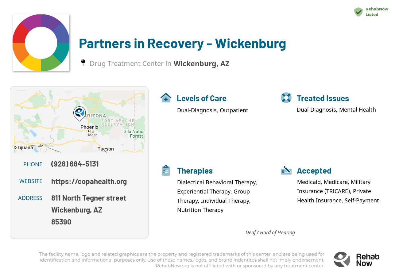 Helpful reference information for Partners in Recovery - Wickenburg, a drug treatment center in Arizona located at: 811 811 North Tegner street, Wickenburg, AZ 85390, including phone numbers, official website, and more. Listed briefly is an overview of Levels of Care, Therapies Offered, Issues Treated, and accepted forms of Payment Methods.
