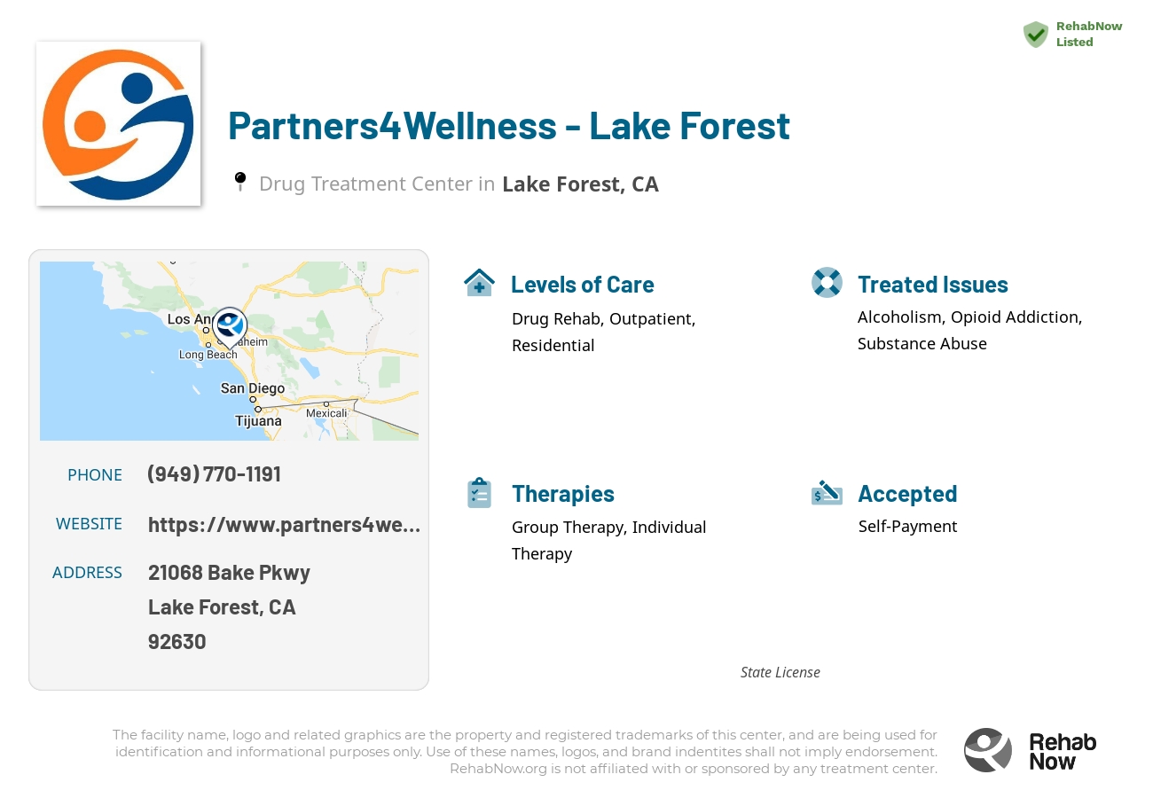 Helpful reference information for Partners4Wellness - Lake Forest, a drug treatment center in California located at: 21068 Bake Pkwy, Lake Forest, CA 92630, including phone numbers, official website, and more. Listed briefly is an overview of Levels of Care, Therapies Offered, Issues Treated, and accepted forms of Payment Methods.