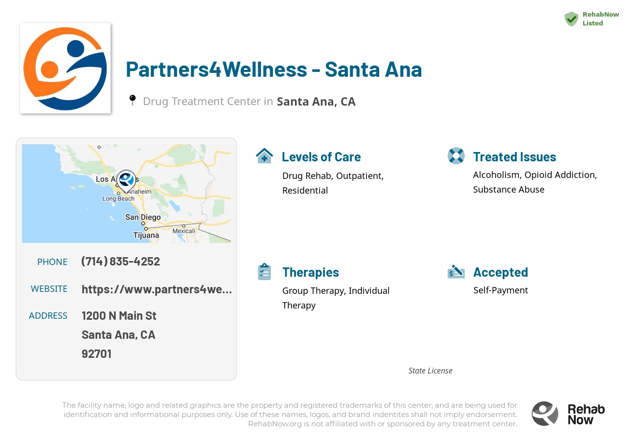 Helpful reference information for Partners4Wellness - Santa Ana, a drug treatment center in California located at: 1200 N Main St, Santa Ana, CA 92701, including phone numbers, official website, and more. Listed briefly is an overview of Levels of Care, Therapies Offered, Issues Treated, and accepted forms of Payment Methods.