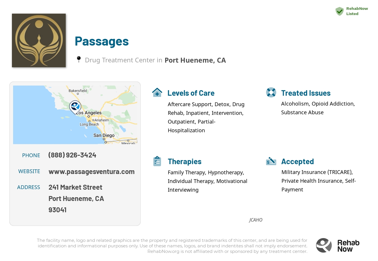 Helpful reference information for Passages, a drug treatment center in California located at: 241 Market Street, Port Hueneme, CA, 93041, including phone numbers, official website, and more. Listed briefly is an overview of Levels of Care, Therapies Offered, Issues Treated, and accepted forms of Payment Methods.