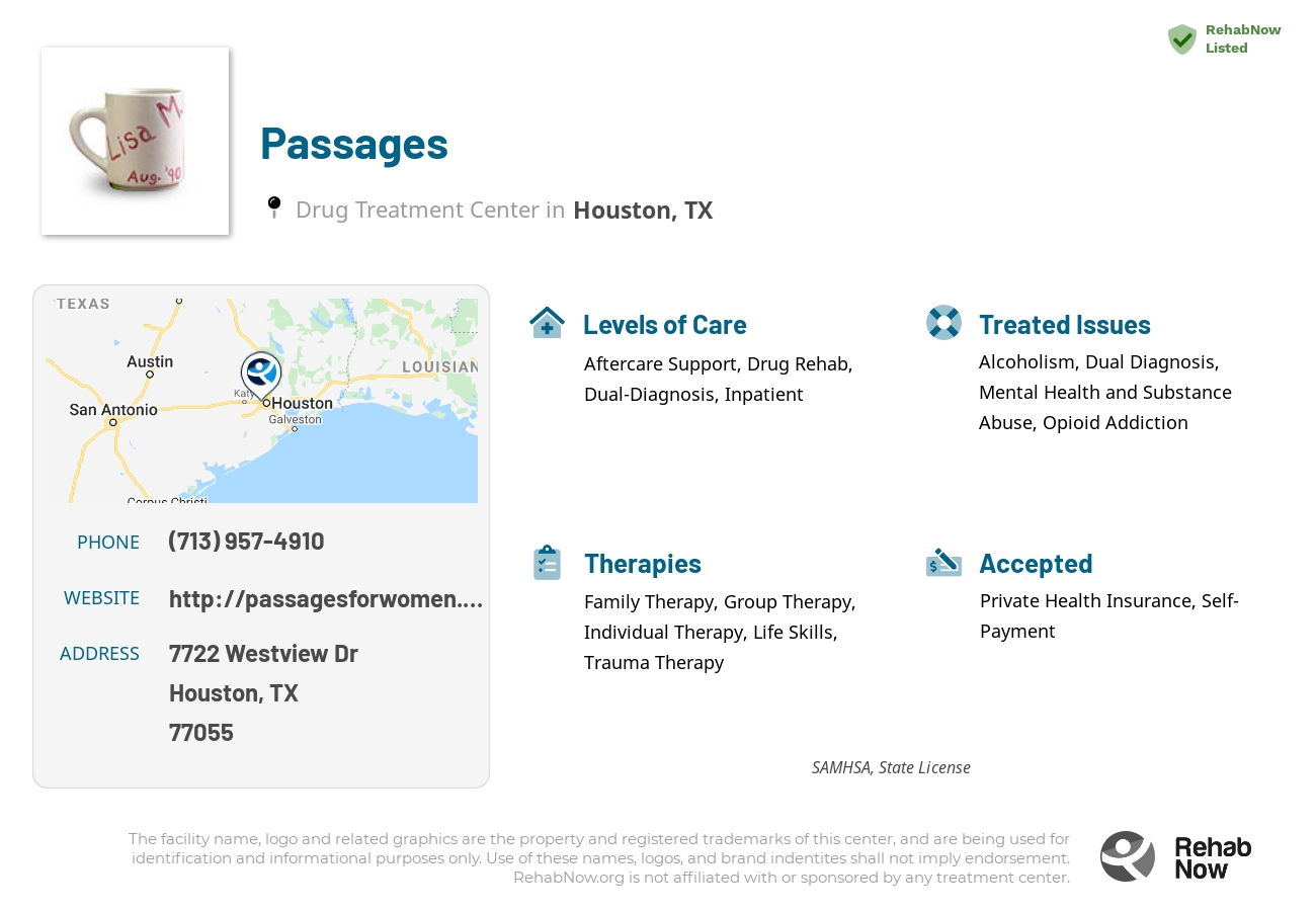 Helpful reference information for Passages, a drug treatment center in Texas located at: 7722 Westview Dr, Houston, TX 77055, including phone numbers, official website, and more. Listed briefly is an overview of Levels of Care, Therapies Offered, Issues Treated, and accepted forms of Payment Methods.