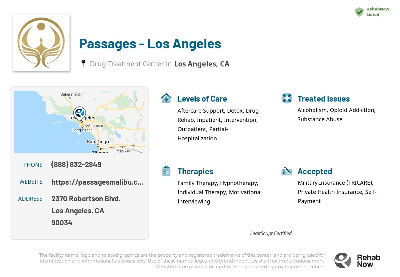 Helpful reference information for Passages - Los Angeles, a drug treatment center in California located at: 2370 Robertson Blvd., Los Angeles, CA, 90034, including phone numbers, official website, and more. Listed briefly is an overview of Levels of Care, Therapies Offered, Issues Treated, and accepted forms of Payment Methods.