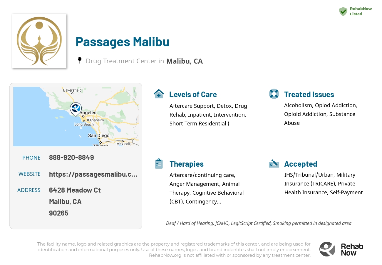 Helpful reference information for Passages Malibu, a drug treatment center in California located at: 6428 Meadow Ct, Malibu, CA 90265, including phone numbers, official website, and more. Listed briefly is an overview of Levels of Care, Therapies Offered, Issues Treated, and accepted forms of Payment Methods.
