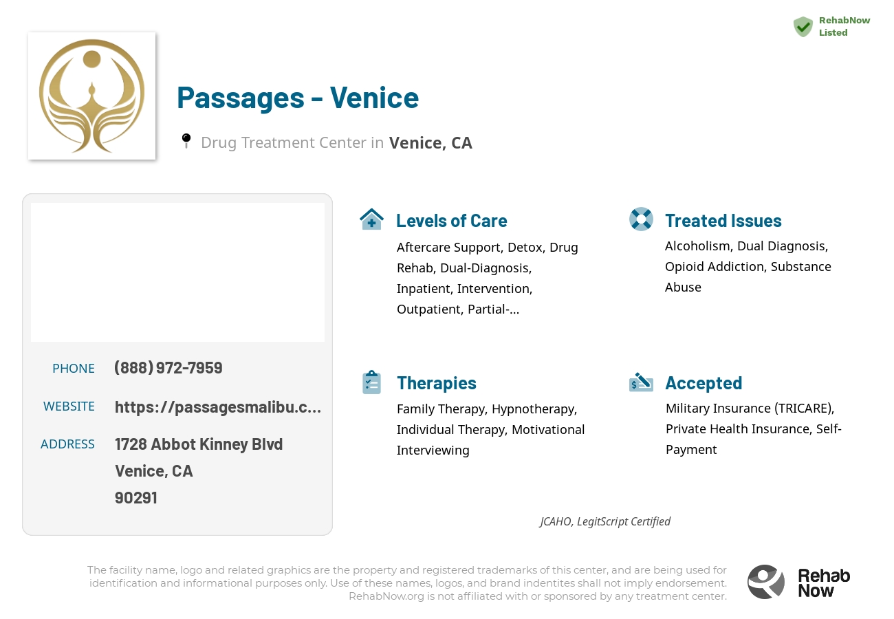 Helpful reference information for Passages - Venice, a drug treatment center in California located at: 1728 Abbot Kinney Blvd. #103, Venice, CA, 90291, including phone numbers, official website, and more. Listed briefly is an overview of Levels of Care, Therapies Offered, Issues Treated, and accepted forms of Payment Methods.
