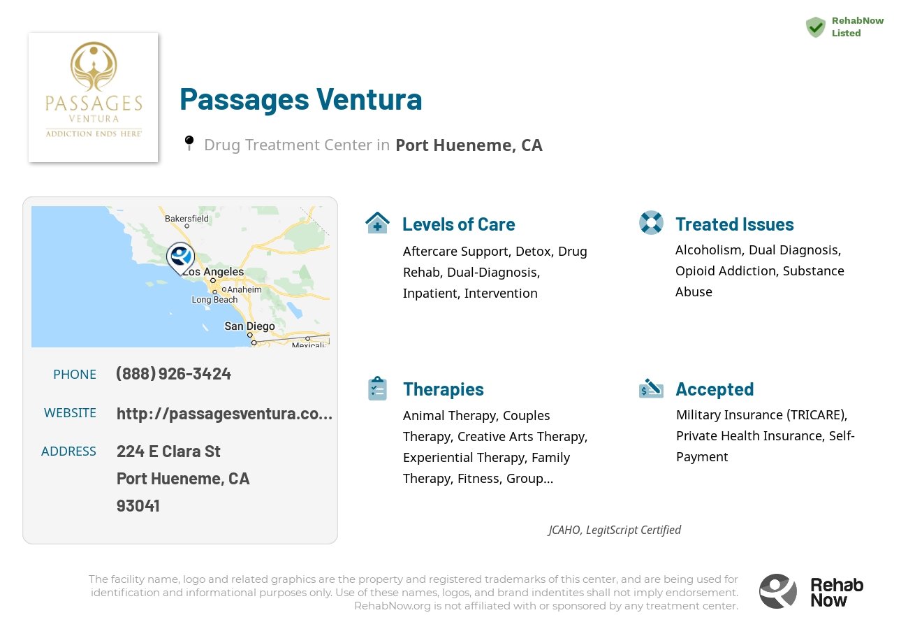 Helpful reference information for Passages Ventura, a drug treatment center in California located at: 224 E Clara St, Port Hueneme, CA 93041, including phone numbers, official website, and more. Listed briefly is an overview of Levels of Care, Therapies Offered, Issues Treated, and accepted forms of Payment Methods.